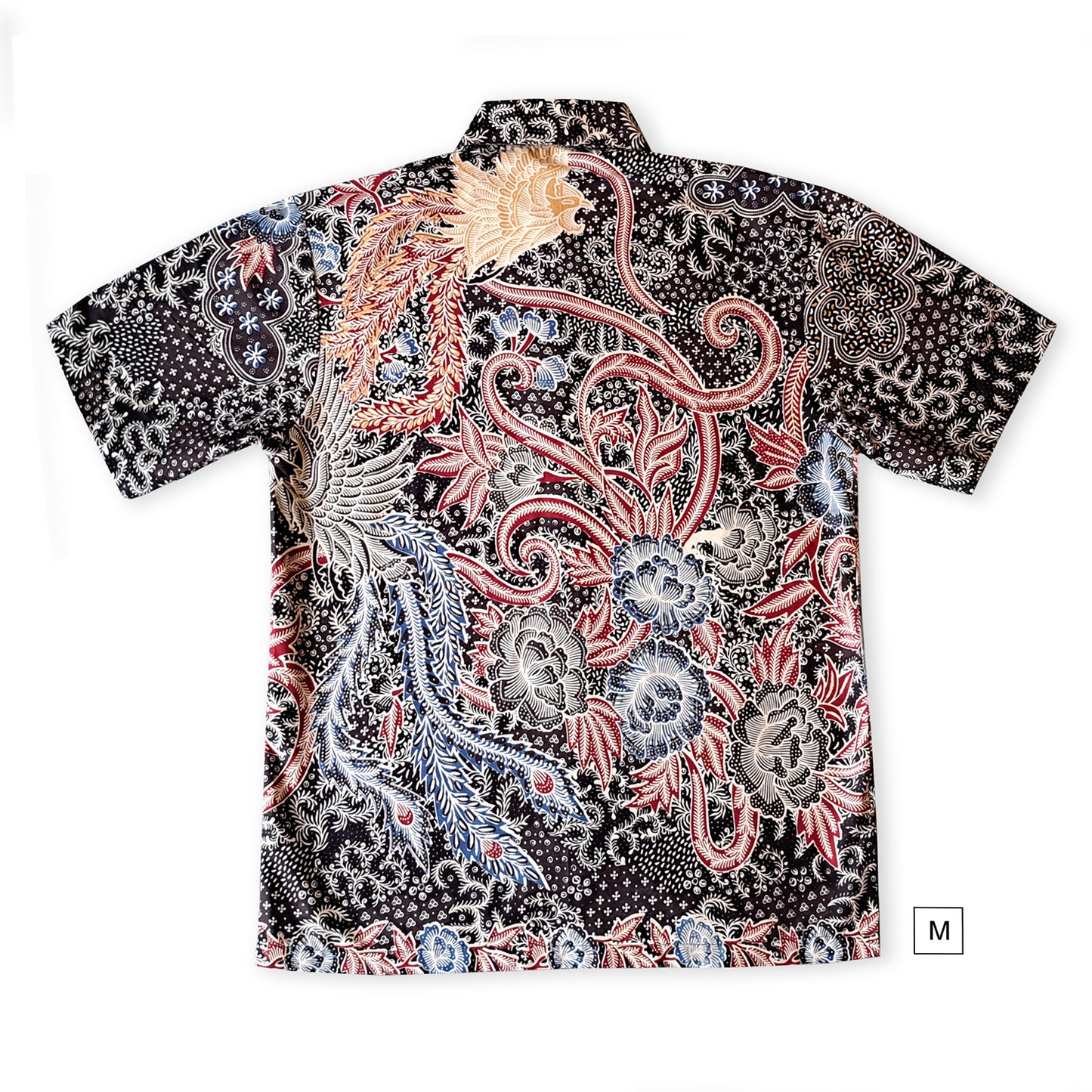 Singapore Modern batik shirts for men: Concealed pocket well tailored, unique prints. short sleeve Batik shirt. Graphical Phoenix bird.
