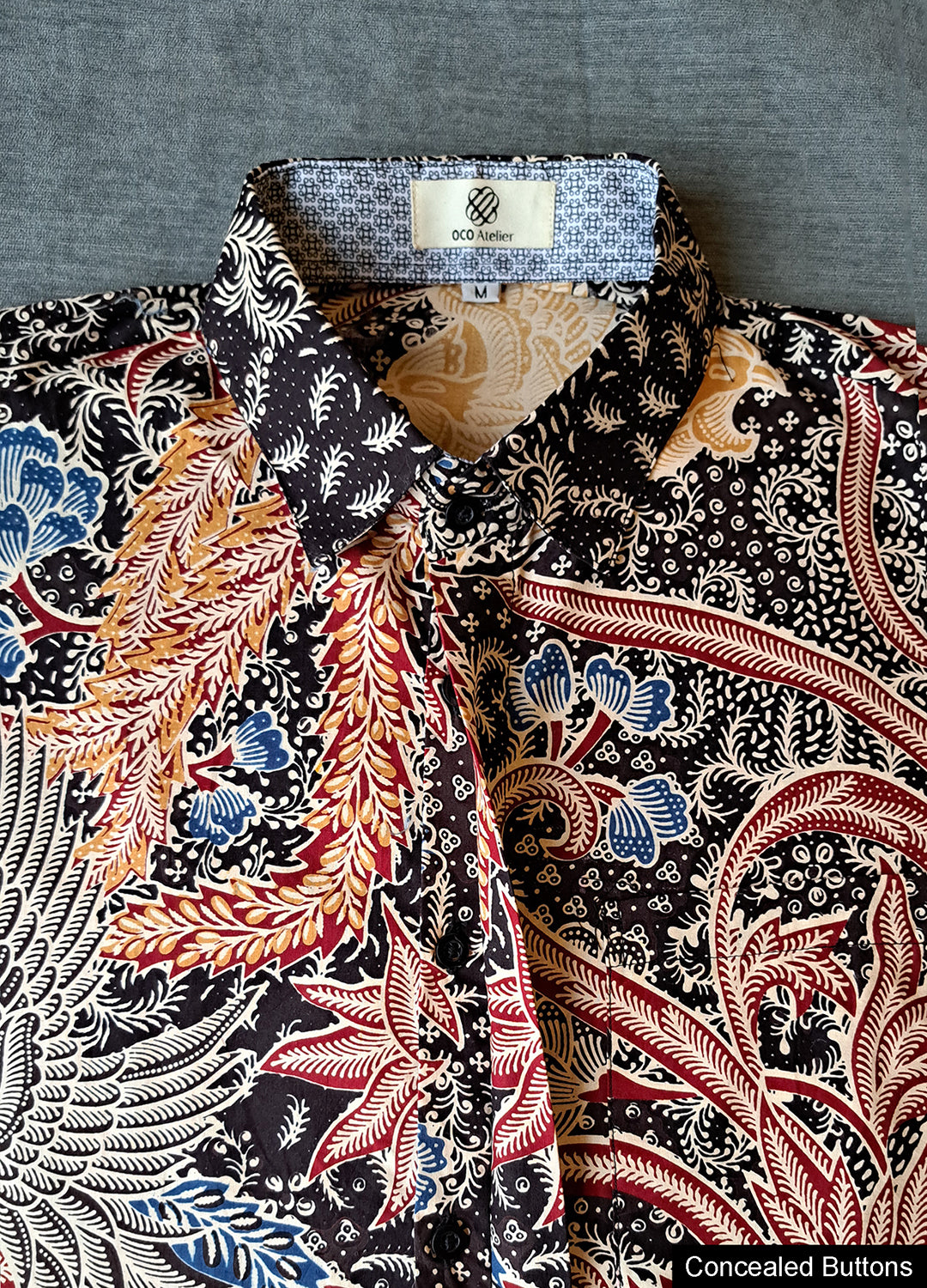 Singapore Modern batik shirts for men: Concealed pocket well tailored, unique prints. short sleeve Batik shirt. Graphical Phoenix bird.