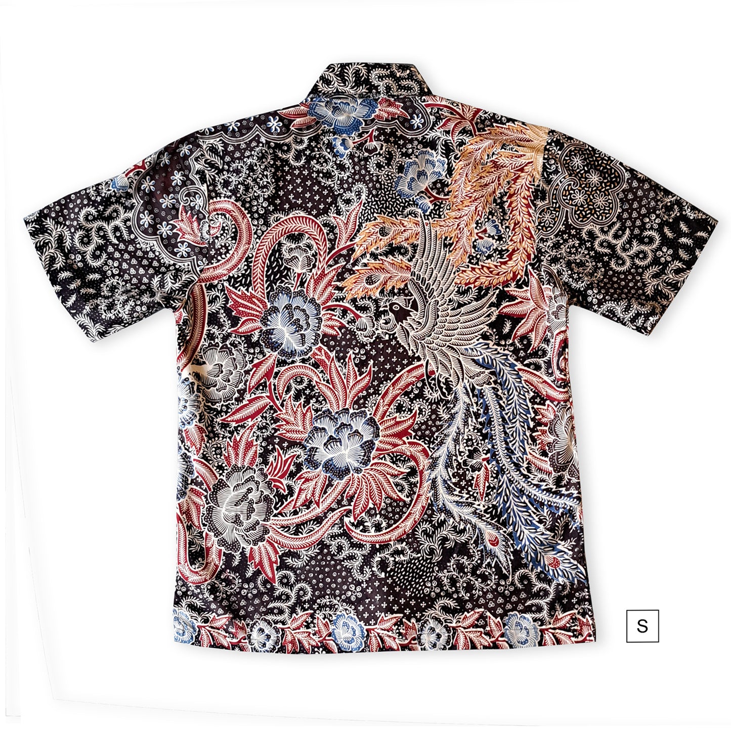 Singapore Modern batik shirts for men: Concealed pocket well tailored, unique prints. short sleeve Batik shirt. Graphical Phoenix bird.
