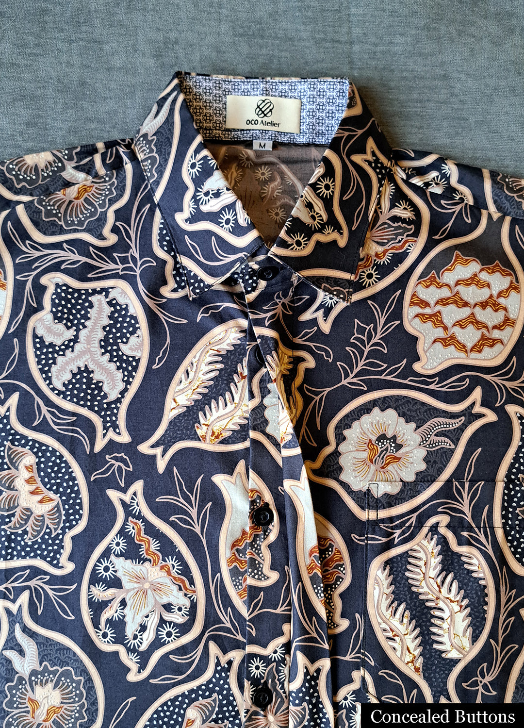 Singapore Modern batik shirts for men: Concealed pocket well tailored, unique prints. short sleeve Batik shirt. Sea and seashell shirt.