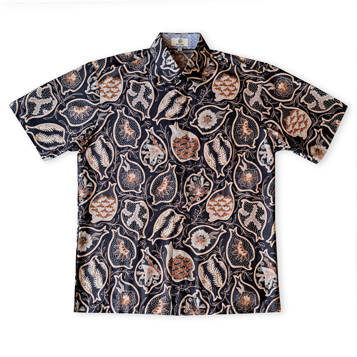 Singapore Modern batik shirts for men: Concealed pocket well tailored, unique prints. short sleeve Batik shirt. Sea and seashell shirt.