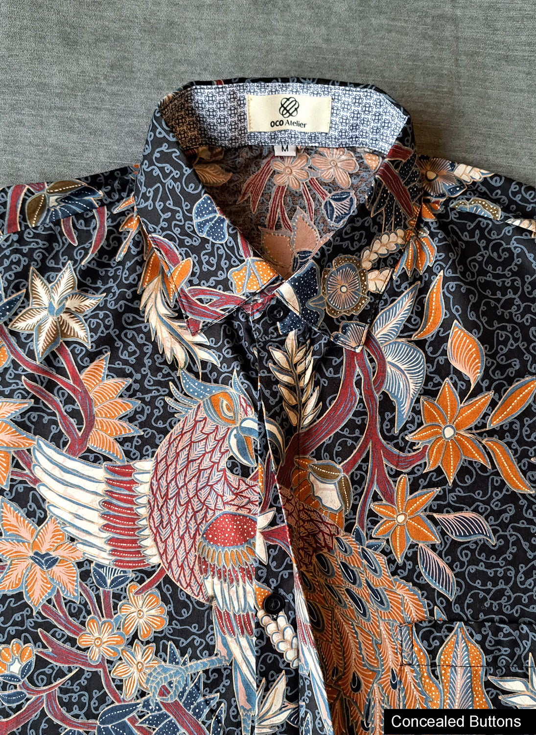 Singapore Modern batik shirts for men: Concealed pocket well tailored, unique prints. short sleeve Batik shirt. Phoenix Batik shirt.