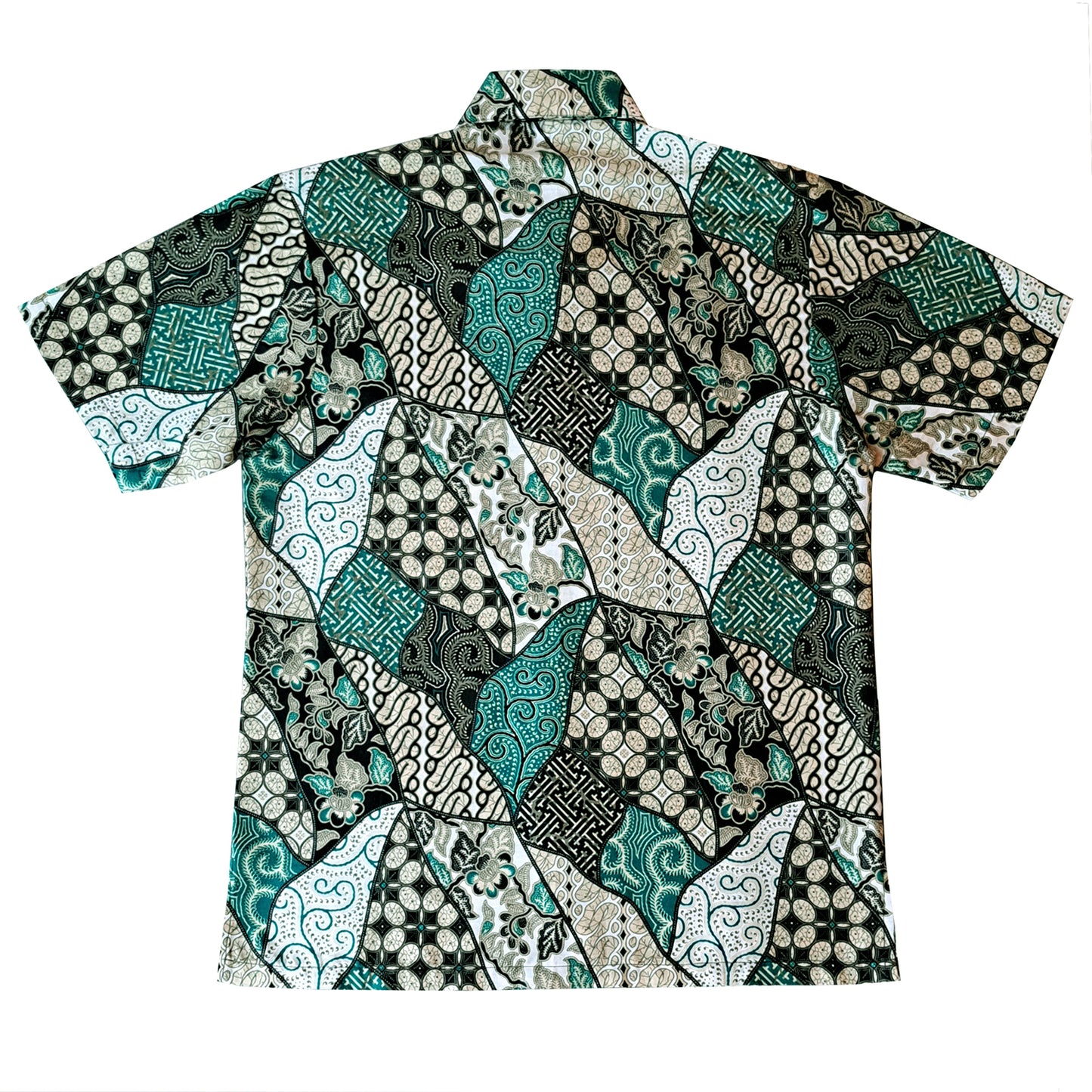 Singapore Modern batik shirts for men: Concealed pocket well tailored, unique prints. short sleeve Batik shirt. Shades of green batik shirt.