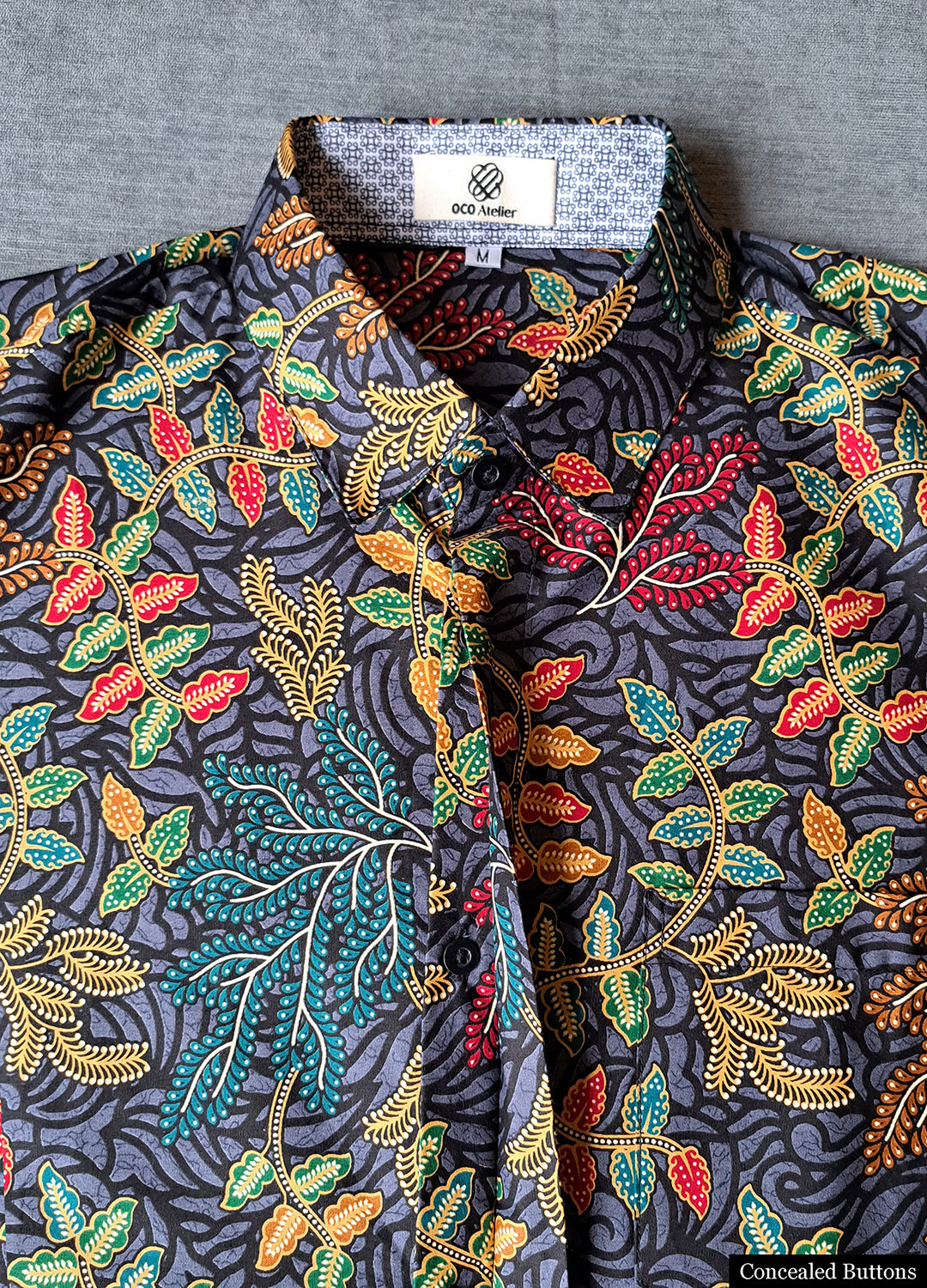 Singapore Modern batik shirts for men: Concealed pocket well tailored, unique prints. short sleeve Batik shirt. Colourful Botanical Batik.