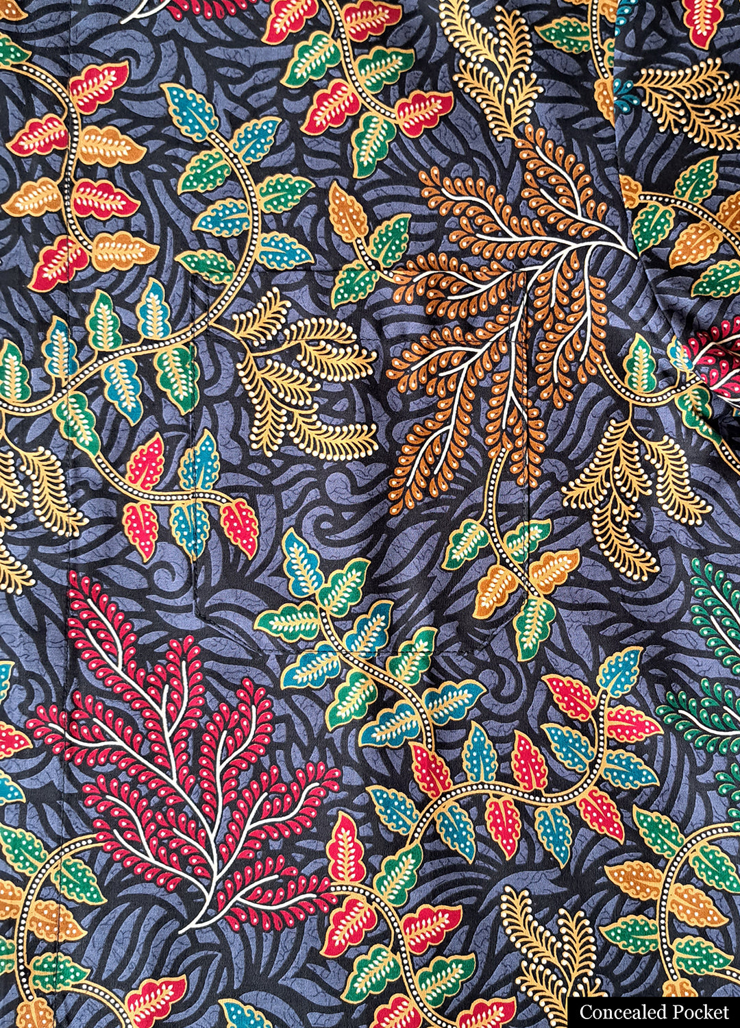 Singapore Modern batik shirts for men: Concealed pocket well tailored, unique prints. short sleeve Batik shirt. Colourful Botanical Batik.
