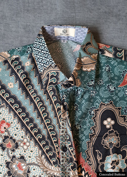 Singapore Modern batik shirts for men: Concealed pocket well tailored, unique prints. short sleeve Batik shirt. 