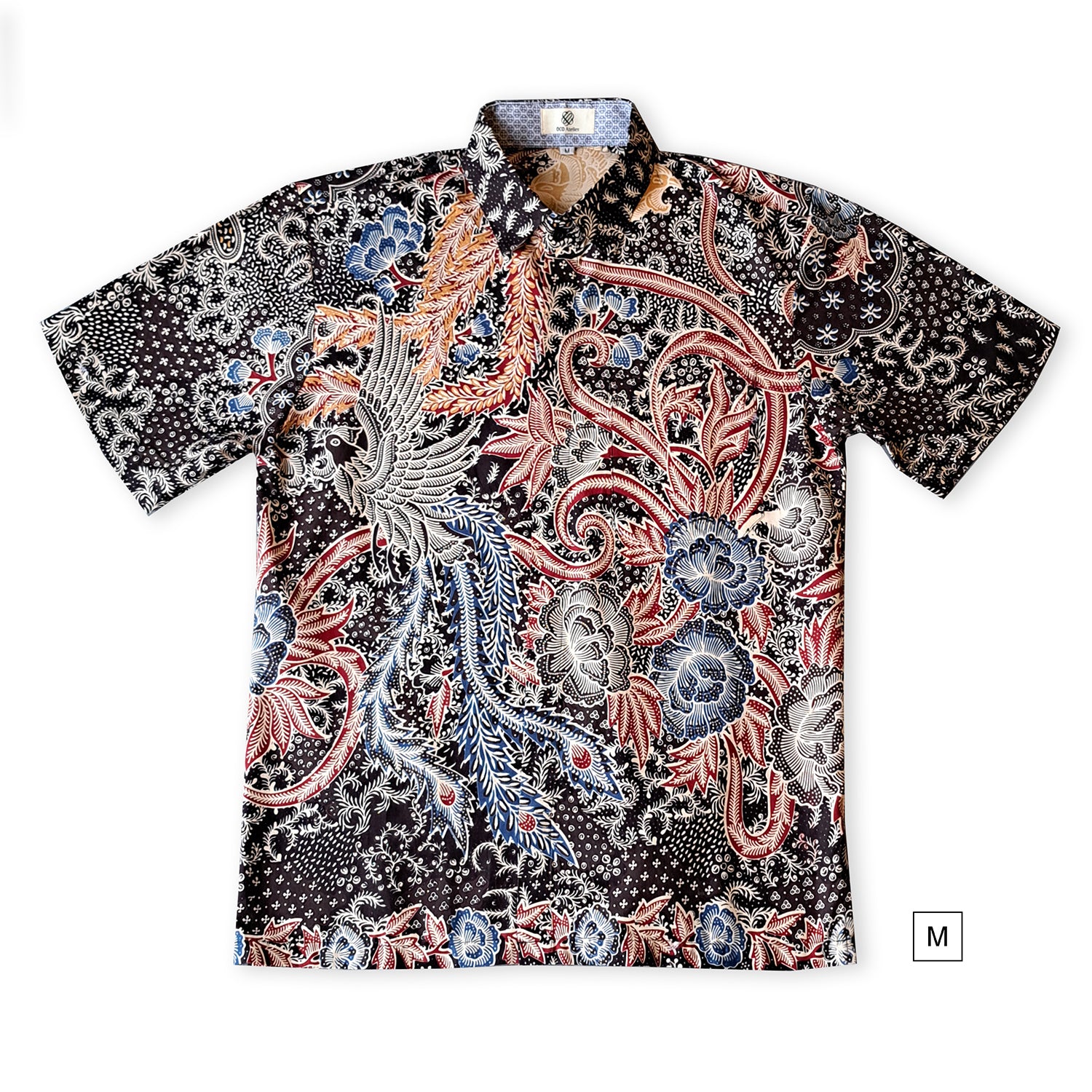 Singapore Modern batik shirts for men: Concealed pocket well tailored, unique prints. short sleeve Batik shirt.  Graphical Phoenix bird.