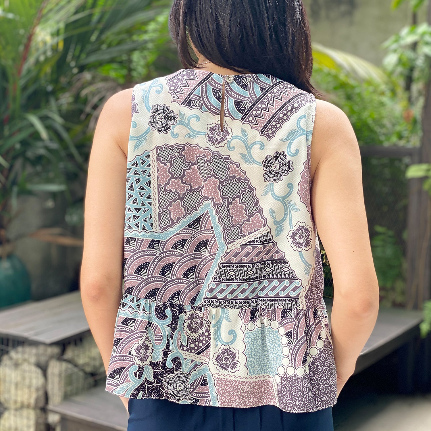 Modern Batik flowy sleeveless Top. Feminine, comfortable and beautiful Batik ladies Top in Singapore.