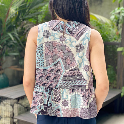 Modern Batik flowy sleeveless Top. Feminine, comfortable and beautiful Batik ladies Top in Singapore.