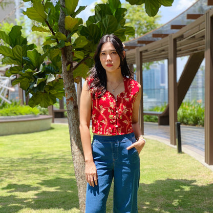 Ladies Batik, Modern Top, Red blouse, Singapore Batik, Batik Lover, stunning red top, Everyday Batik