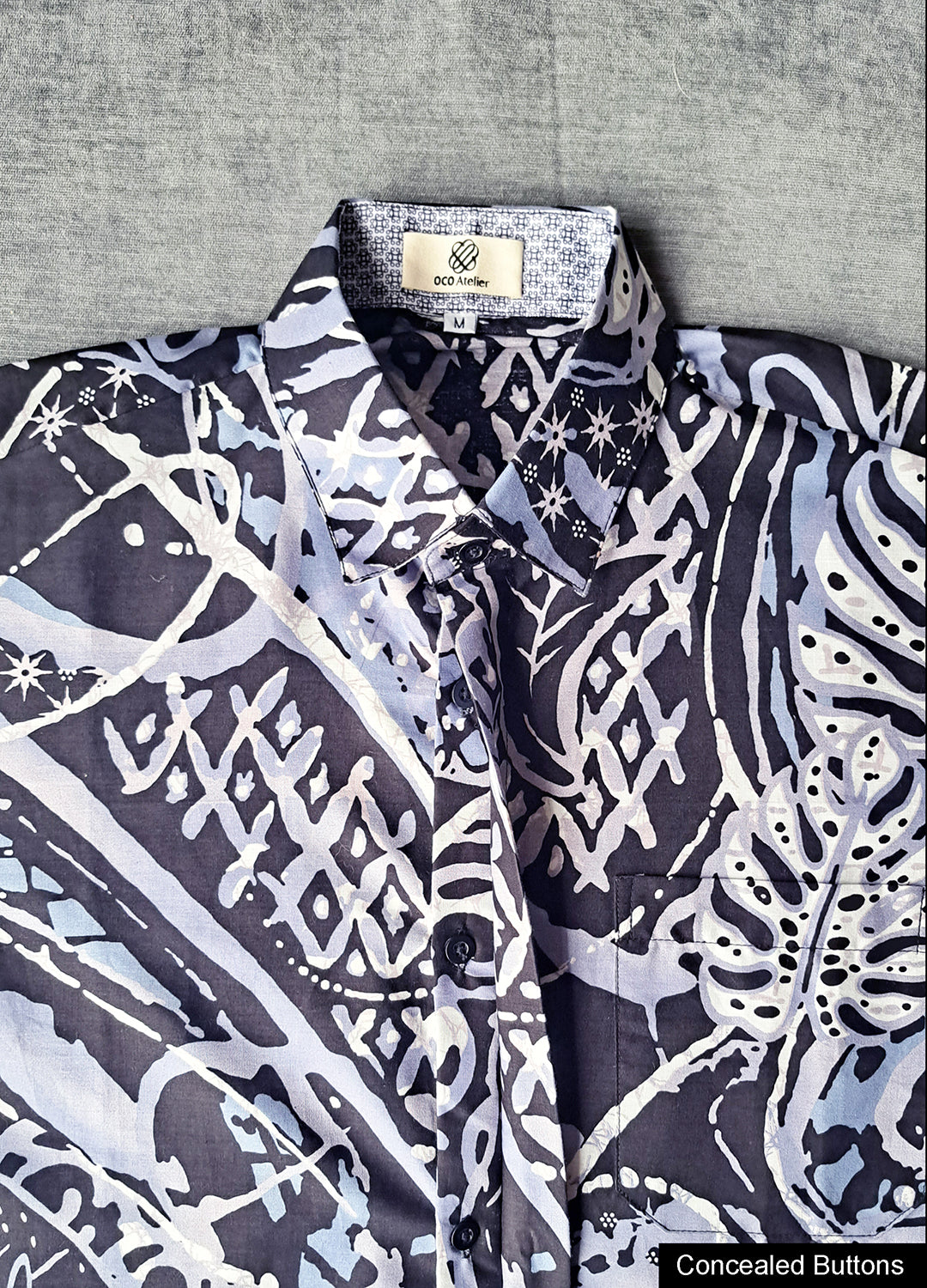 Singapore Modern batik shirts for men: Concealed pocket well tailored, unique prints. short sleeve Batik shirt.  Batik for everyday wear.