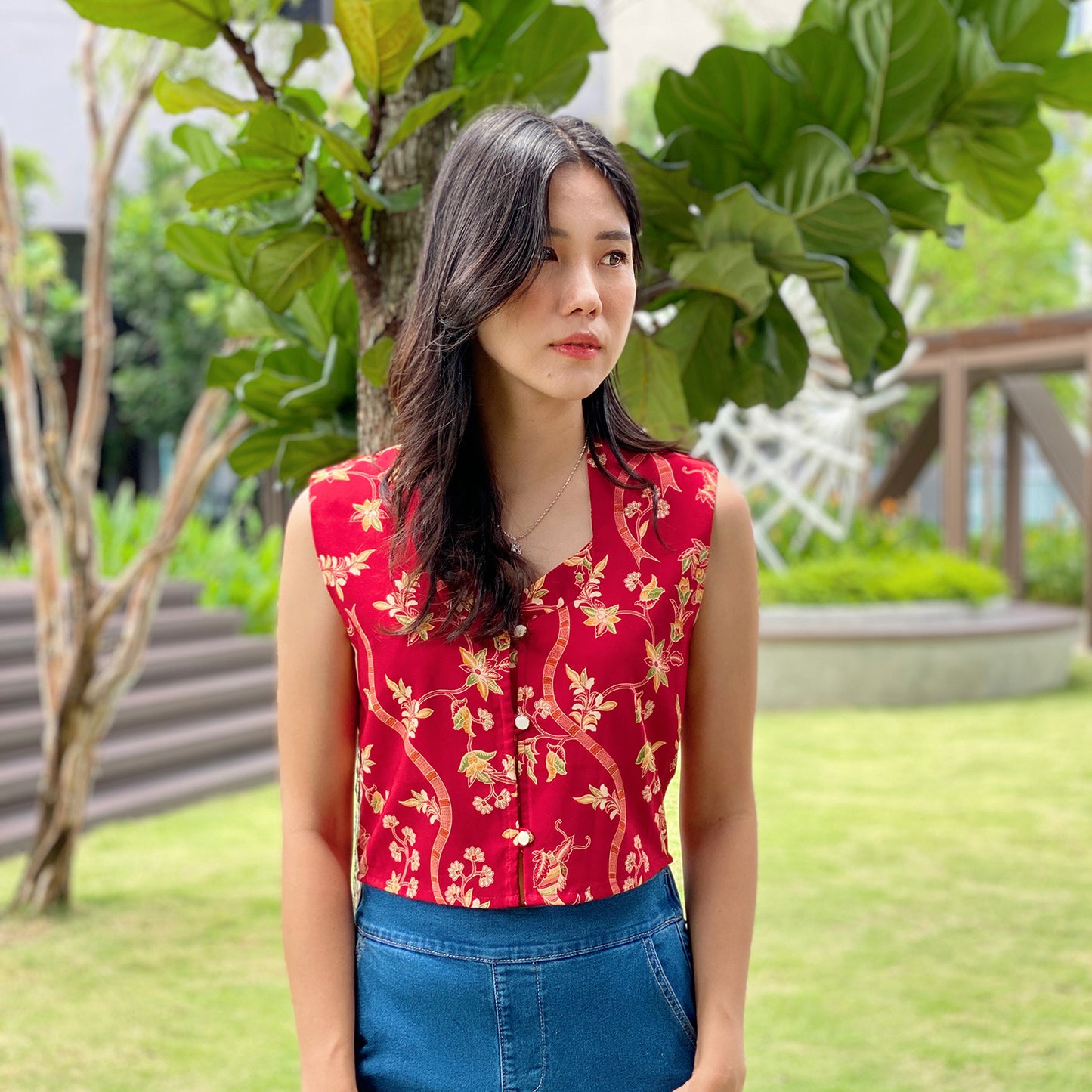 Ladies Batik, Modern Top, Red blouse, Singapore Batik, Batik Lover, stunning red top, Everyday Batik