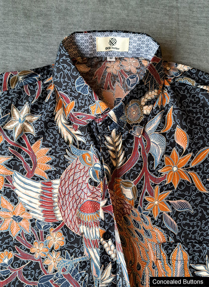 Singapore Modern batik shirts for men: Concealed pocket well tailored, unique prints. short sleeve Batik shirt.  Phoenix Batik shirt.