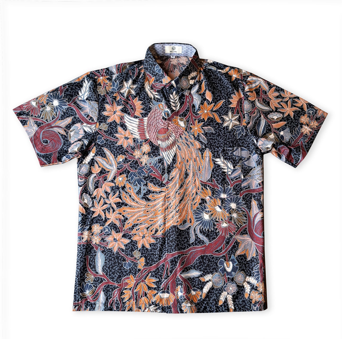 Singapore Modern batik shirts for men: Concealed pocket well tailored, unique prints. short sleeve Batik shirt.  Phoenix Batik shirt.