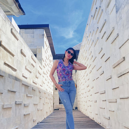 Modern batik blouse for ladies in Singapore. Halter neck, beautiful batik print. Pretty yet comfortable.