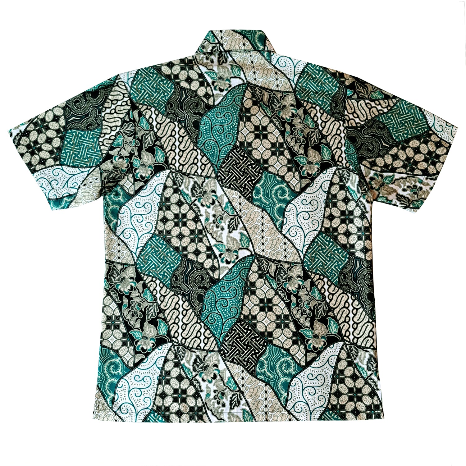 Singapore Modern batik shirts for men: Concealed pocket well tailored, unique prints. short sleeve Batik shirt.  Shades of green batik shirt.