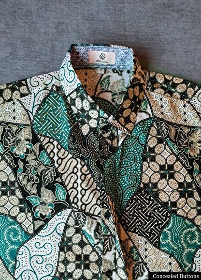 Singapore Modern batik shirts for men: Concealed pocket well tailored, unique prints. short sleeve Batik shirt.  Shades of green batik shirt.