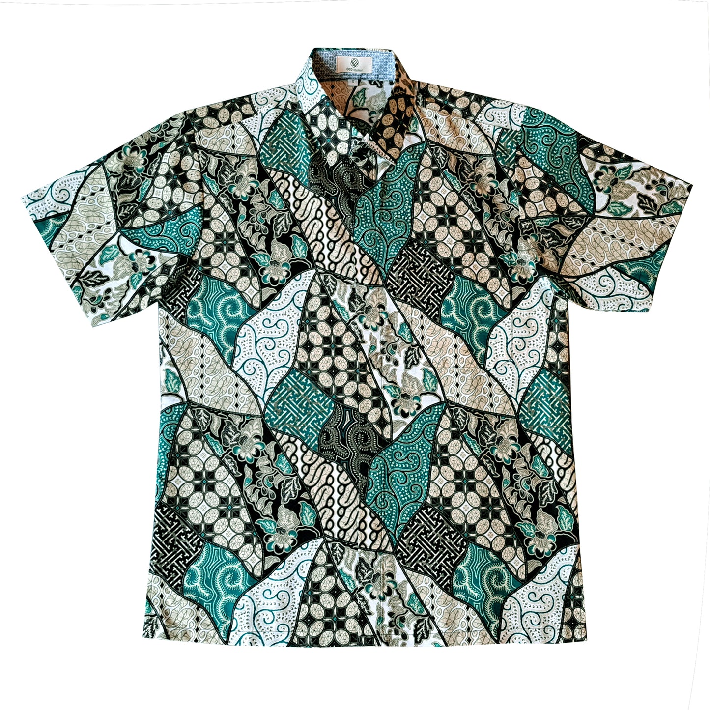 Singapore Modern batik shirts for men: Concealed pocket well tailored, unique prints. short sleeve Batik shirt.  Shades of green batik shirt.