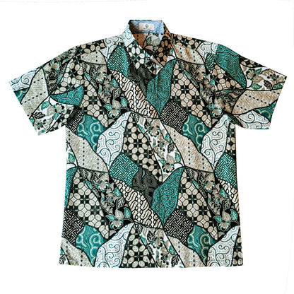 Singapore Modern batik shirts for men: Concealed pocket well tailored, unique prints. short sleeve Batik shirt.  Shades of green batik shirt.