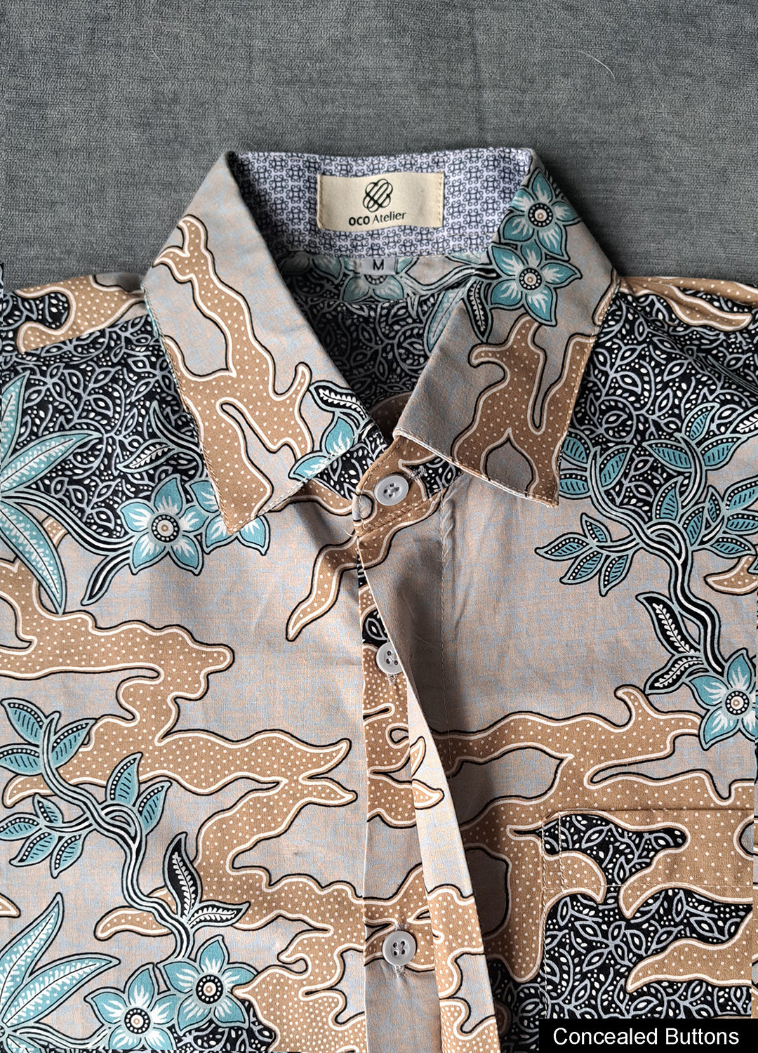 Singapore Modern batik shirts for men: Concealed pocket well tailored, unique prints. short sleeve Batik shirt.  Japanese inspired batik graphic.